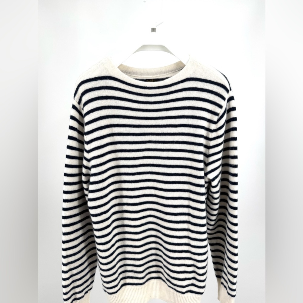 J. Crew Men’s Midweight Cashmere Boatneck Sweater Cream Navy Striped Size L - Picture 5 of 11